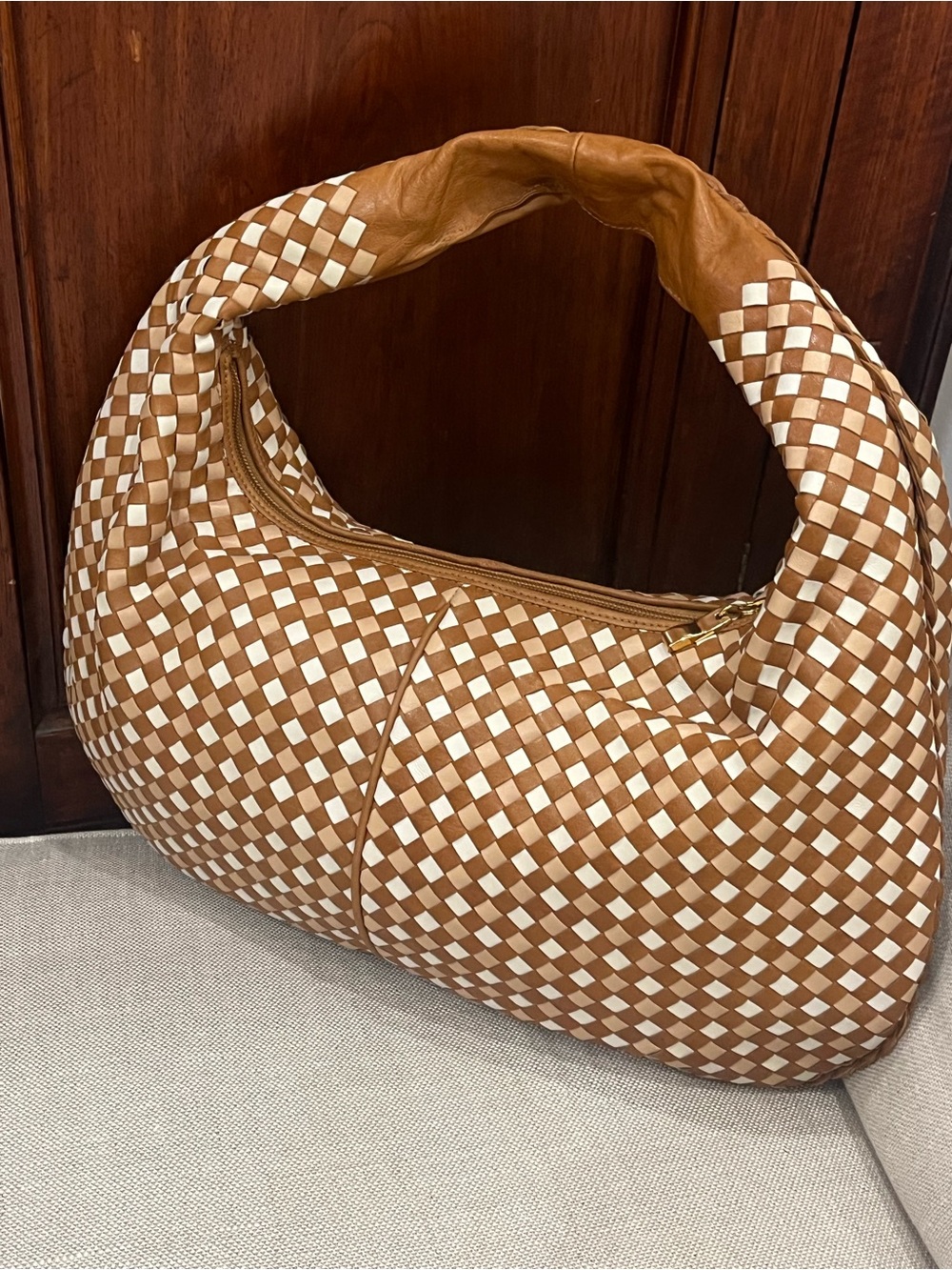 Woven Hobo Shoulder Bag in Tan and Cream - Picture 2 of 12